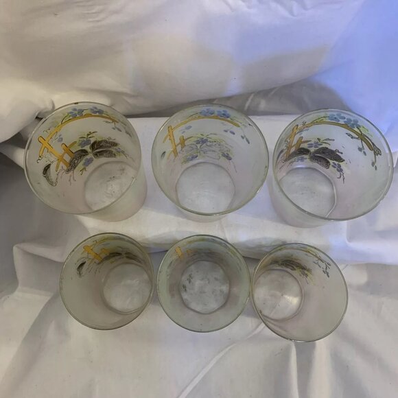 Frosted Glass Painted Juice Glasses with Flowers on a Trellis Vintage Set of 6 - Picture 9 of 12
